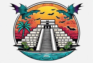 Colorful ancient Mayan hieroglyph wearing sunglasses reflecting Chichen itza and bats. Waves. tattoo idea