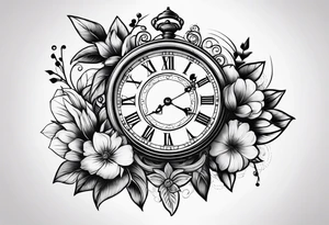 Reloj antiguo con flores y familia tattoo idea