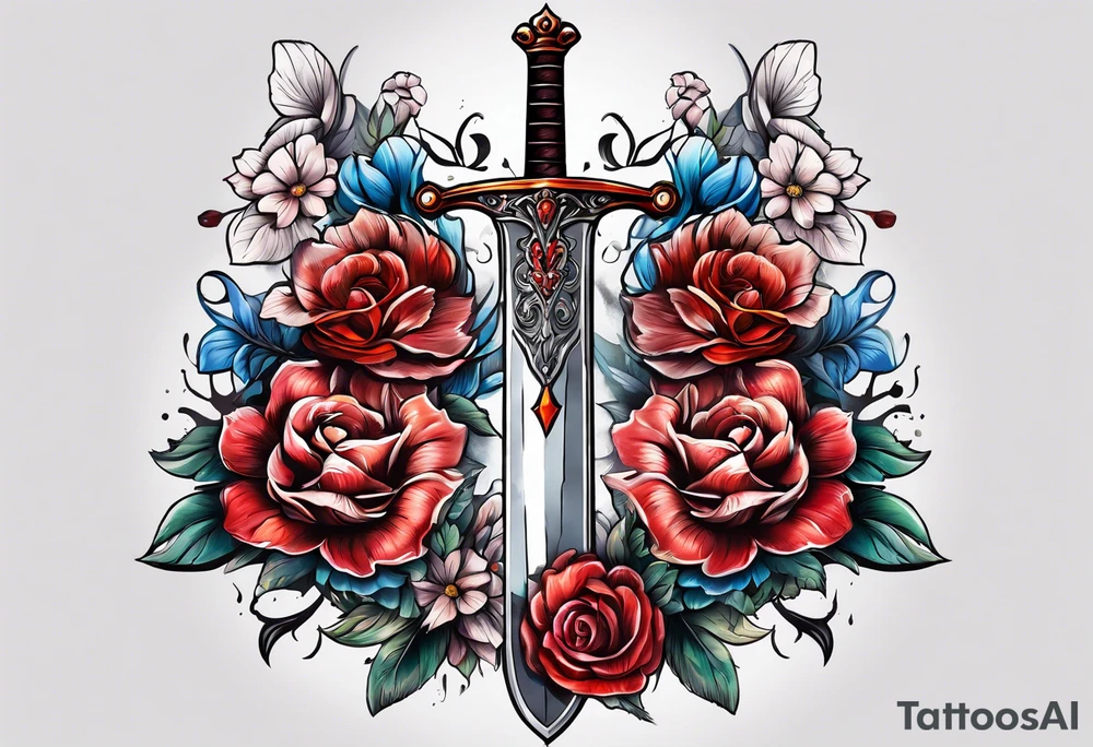 bloody sword with flowers tattoo idea