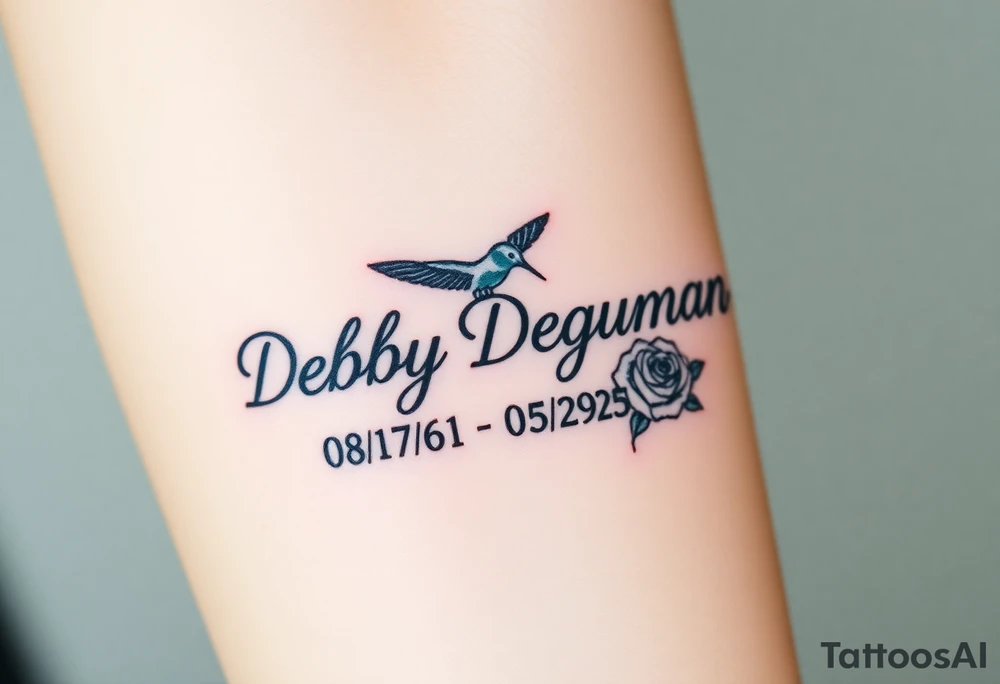 Tattoo of the exact name Debby Deguzman in chunky curly cursive with the exact dates of 08/17/61-05/29/25 surrounded by 1 hummingbird and 1 rose tattoo idea