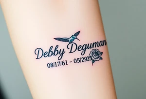 Tattoo of the exact name Debby Deguzman in chunky curly cursive with the exact dates of 08/17/61-05/29/25 surrounded by 1 hummingbird and 1 rose tattoo idea