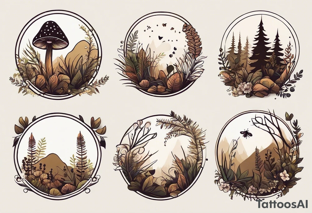 minimalistic forest floor inspired tattoo, which includes grass, moss, curly ferns and dead leaves as the bulk of the tattoo. details to include: forest berries, couple of very small brown mushrooms, a tiny bumblebee flying nearby tattoo idea