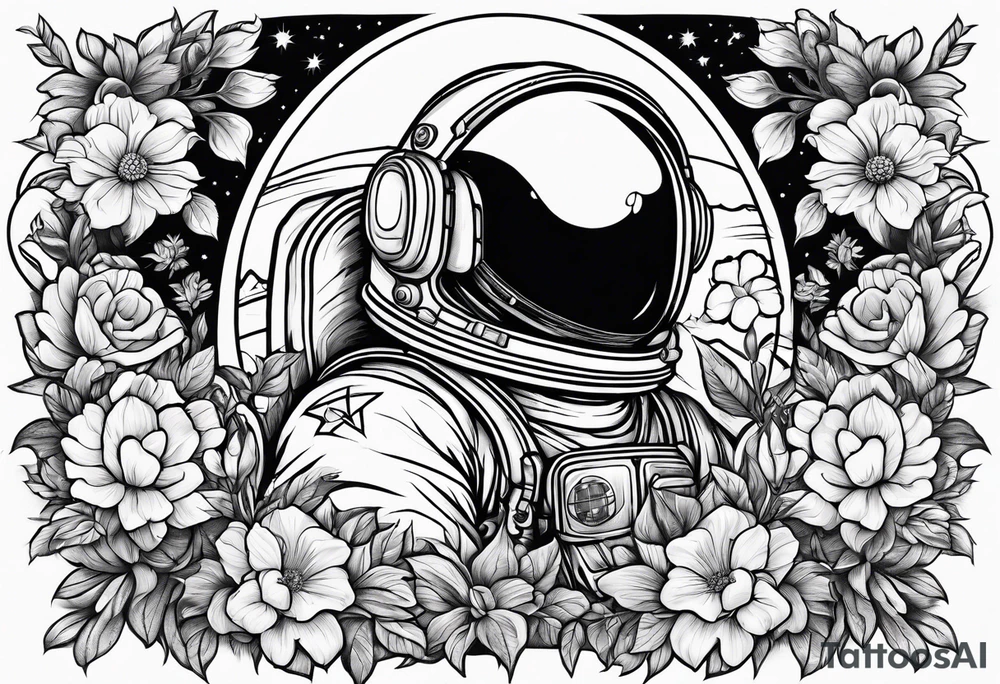 Astronaut laying in flowers tattoo idea