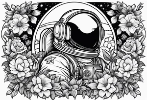 Astronaut laying in flowers tattoo idea