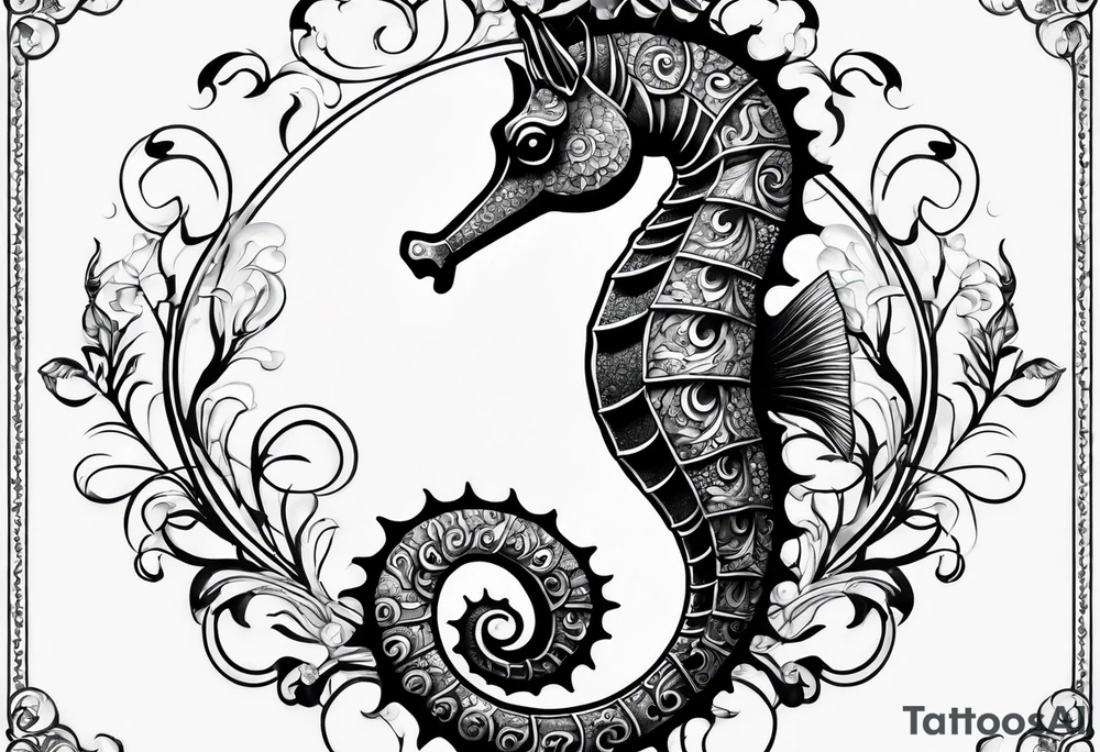 seahorse on white background, black and white fit in picture tattoo idea