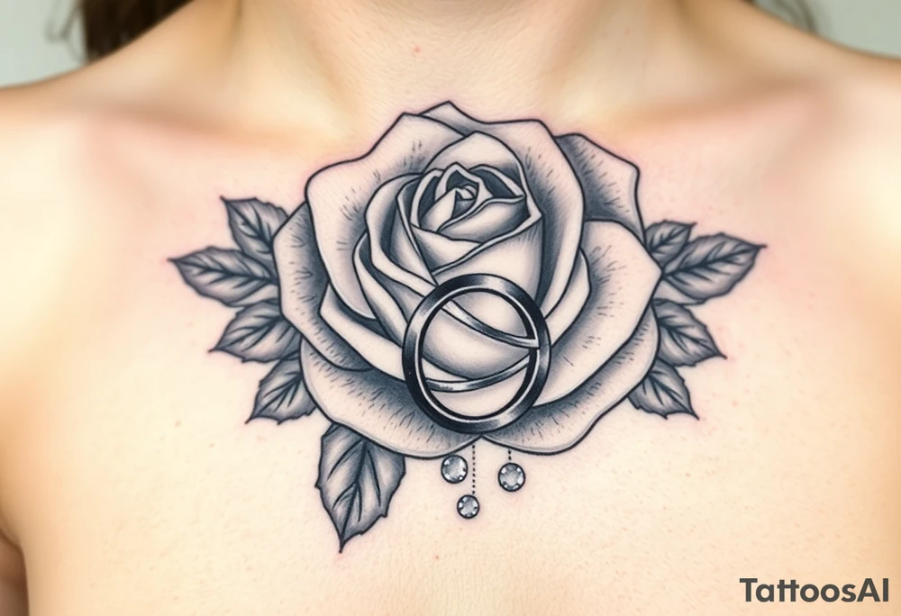 A majestic blooming rose wrapped around a two wedding rings, with dewdrops reflecting light tattoo idea