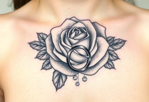 A majestic blooming rose wrapped around a two wedding rings, with dewdrops reflecting light tattoo idea