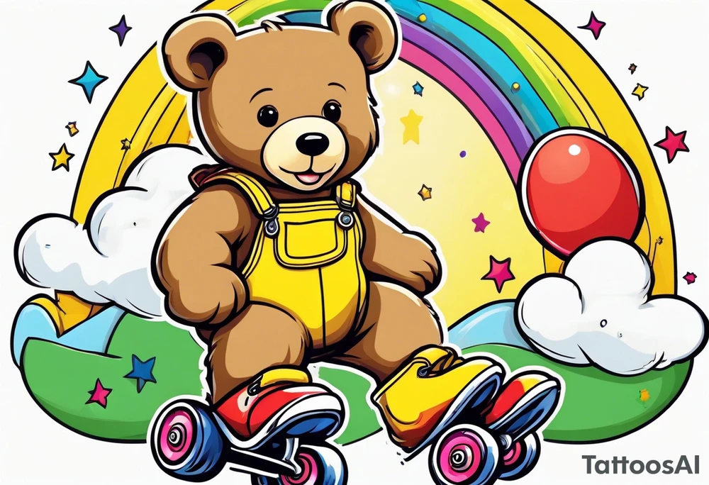 A light brown teddy bear in yellow overalls, rollerskating in rainbow colored skates tattoo idea