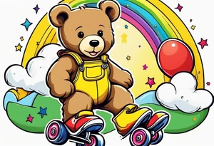 A light brown teddy bear in yellow overalls, rollerskating in rainbow colored skates tattoo idea