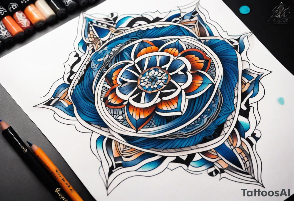 semi Detailed neo traditional knee tattoo flat on paper. The tattoo features geometric patterns and bold lines, creating a visually striking design with slight tints of deep fall colors. The background features deep blues and water swirls tattoo idea