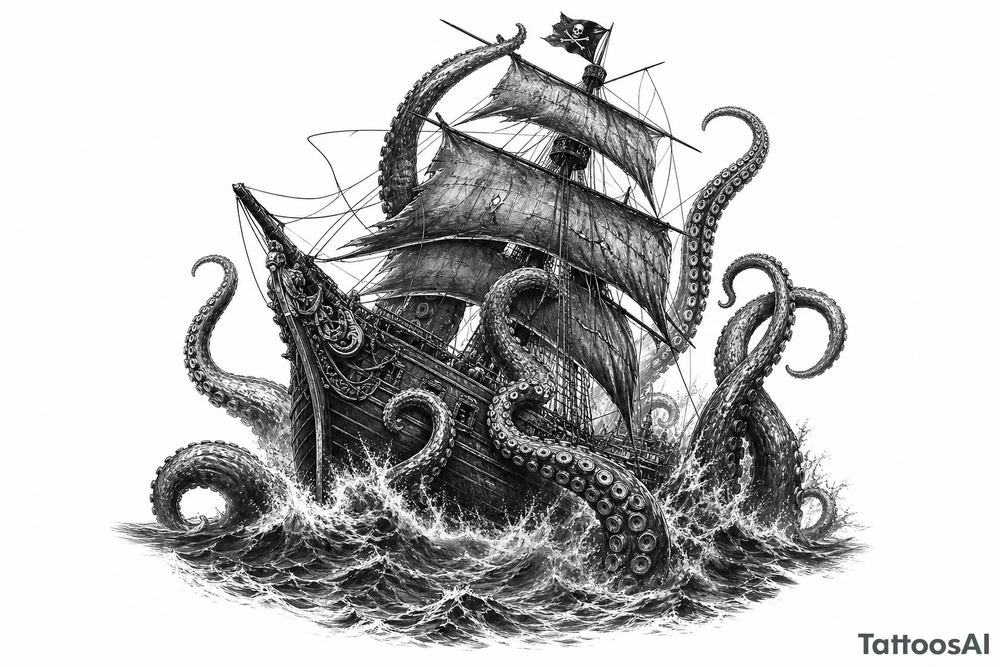 Black and grey pirate ship battling kraken tentacles, dark ocean, dramatic lighting. tattoo idea