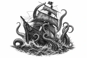 Black and grey pirate ship battling kraken tentacles, dark ocean, dramatic lighting. tattoo idea
