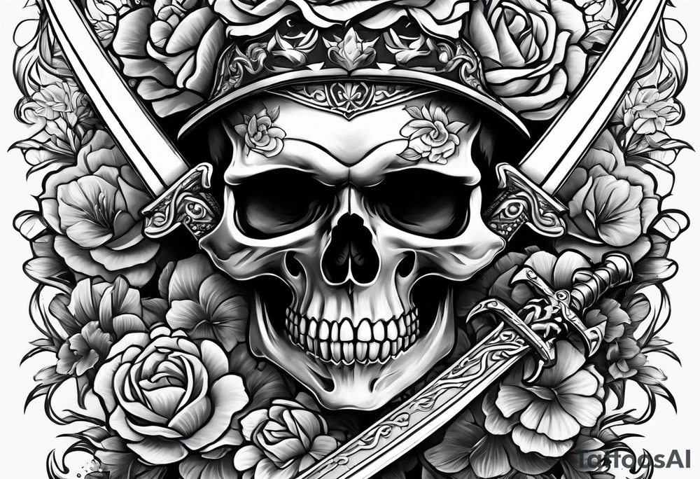 Skull with a sword going thru chin thru top of head with flowers around the sword tattoo idea