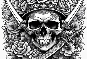 Skull with a sword going thru chin thru top of head with flowers around the sword tattoo idea