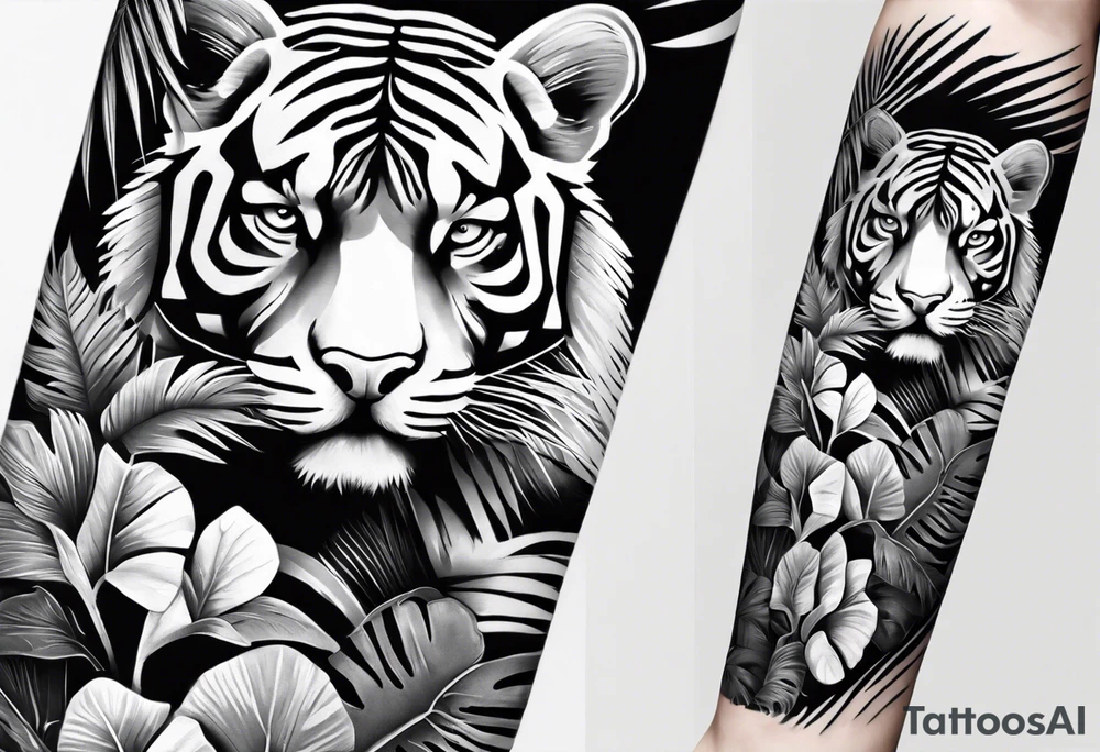 Womans Full arm tattoo sleeve design.  Smaller 
abstract tiger coming down front of shoulder, monstera foliage on forearm, beach landscape on bicep tattoo idea