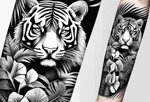 Womans Full arm tattoo sleeve design.  Smaller 
abstract tiger coming down front of shoulder, monstera foliage on forearm, beach landscape on bicep tattoo idea
