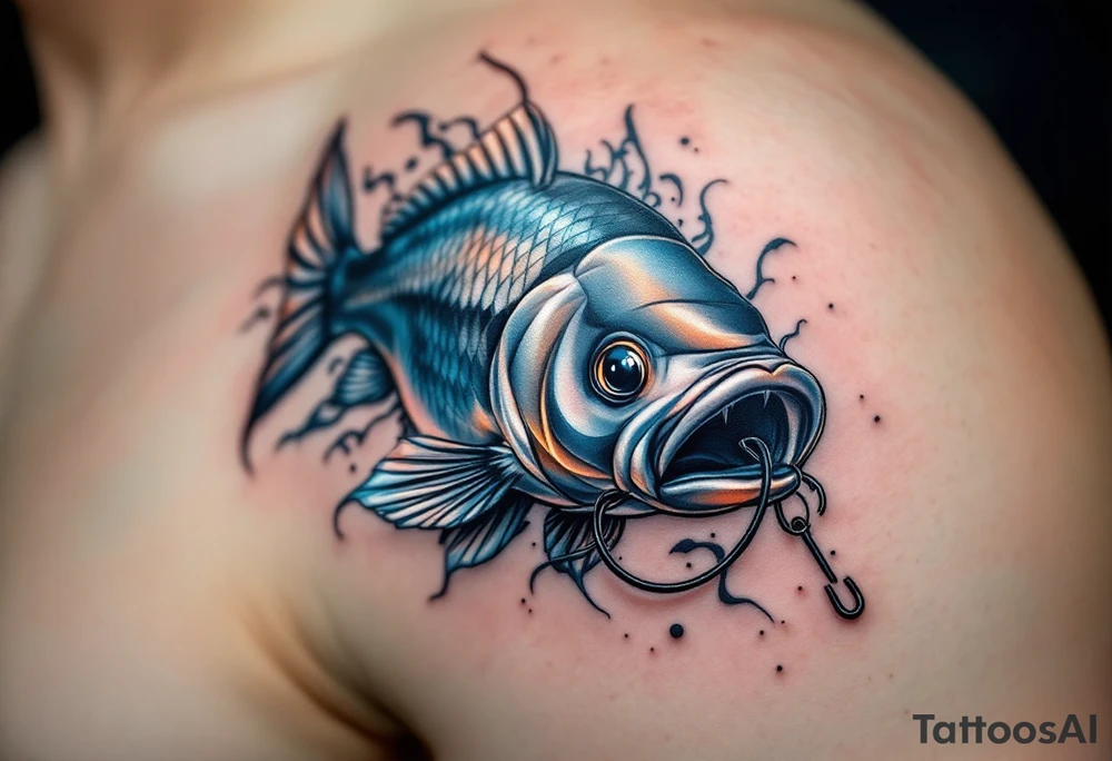 A carp with a fisherman’s hook in its mouth, with metallic silver and deep blue highlights, capturing the struggle between man and nature. tattoo idea