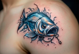 A carp with a fisherman’s hook in its mouth, with metallic silver and deep blue highlights, capturing the struggle between man and nature. tattoo idea