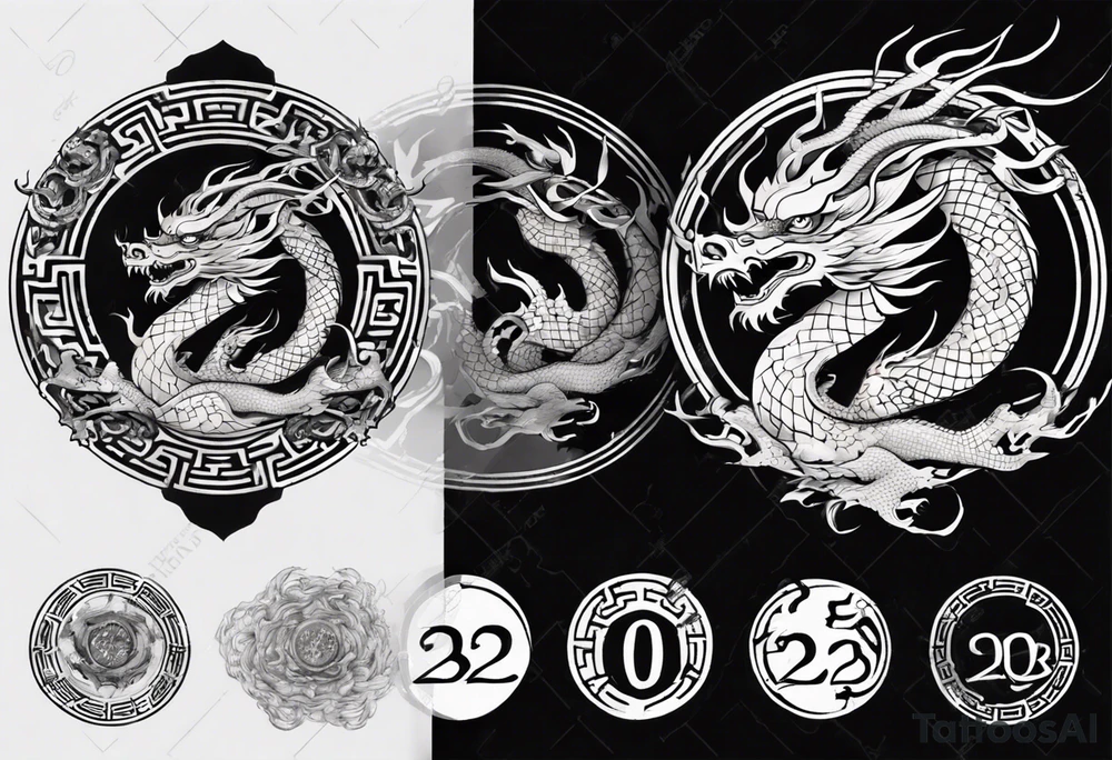 Chinese dragon in a circular shape with "02.03" written on its skin tattoo idea