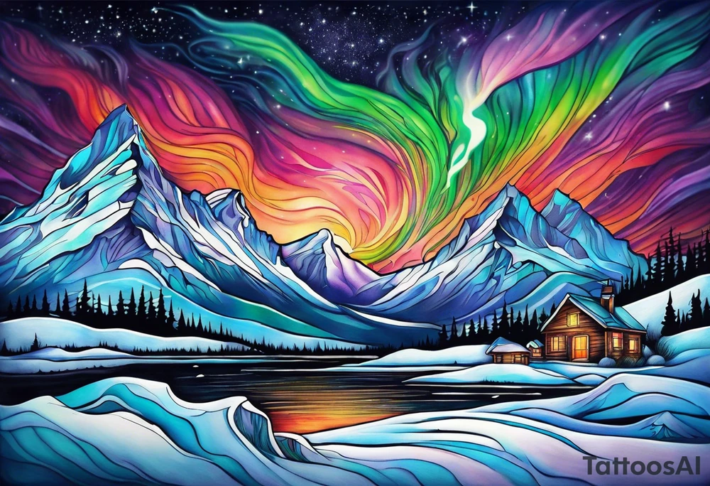 northern lights and mountain tattoo idea