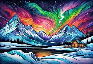 northern lights and mountain tattoo idea