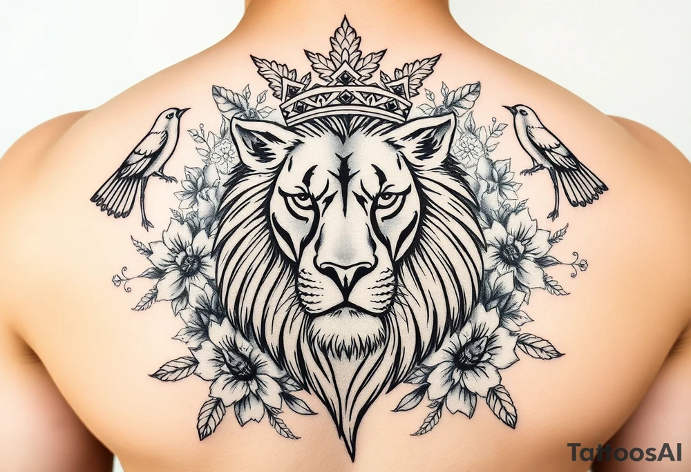 powerful majestic lion with a crown, surrounded by floral ornaments and birds tattoo idea