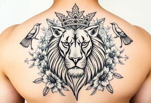 powerful majestic lion with a crown, surrounded by floral ornaments and birds tattoo idea