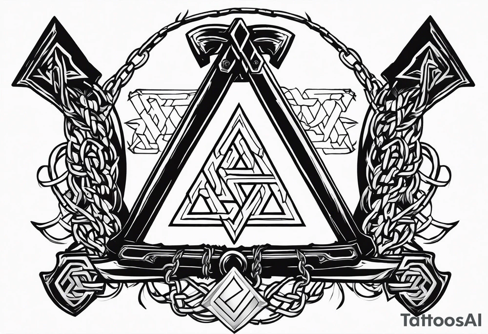Valhalla sword shield axe barbed wire chains valknut tattoo idea