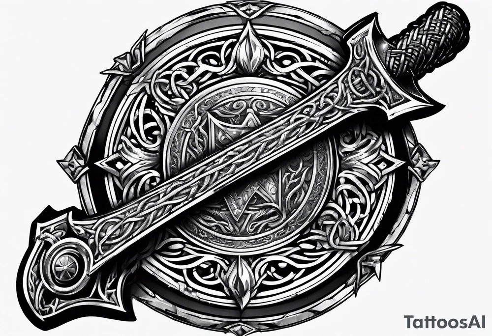 Valhalla sword round shield axe barbed wire chains tattoo idea