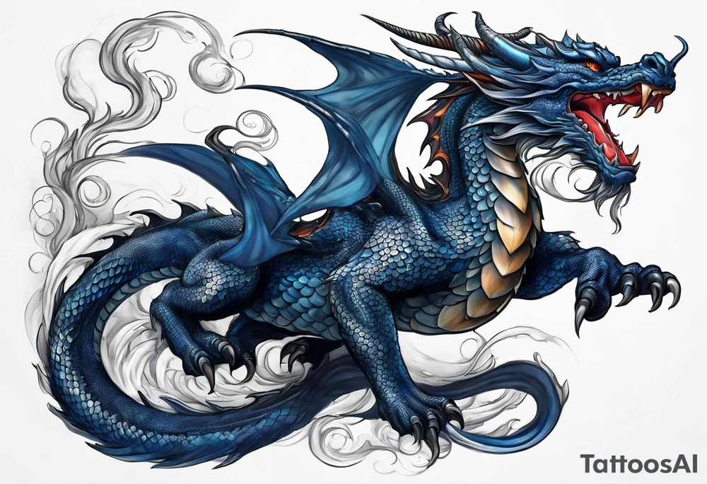 An epic floating dragon. Its long body coiling dynamically, with scales and horns detailed to create a sense of movement and strength. The dragon's main color is midnight blue, giving a vibrant depth and a mystical aura. This tattoo highlights the dragon’s fierce expression and sharp claws. tattoo idea