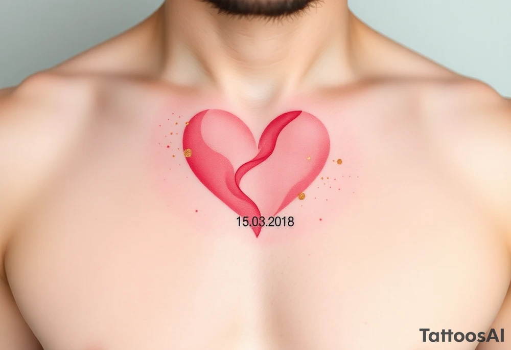 A soft watercolor heart in pastel pink and ivory, with golden dust accents, with wedding date 15.03.2018 tattoo idea