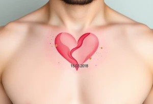 A soft watercolor heart in pastel pink and ivory, with golden dust accents, with wedding date 15.03.2018 tattoo idea