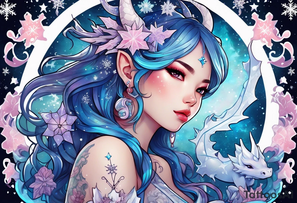 Constellation, kawaii dragon girl , snowflake tattoo idea