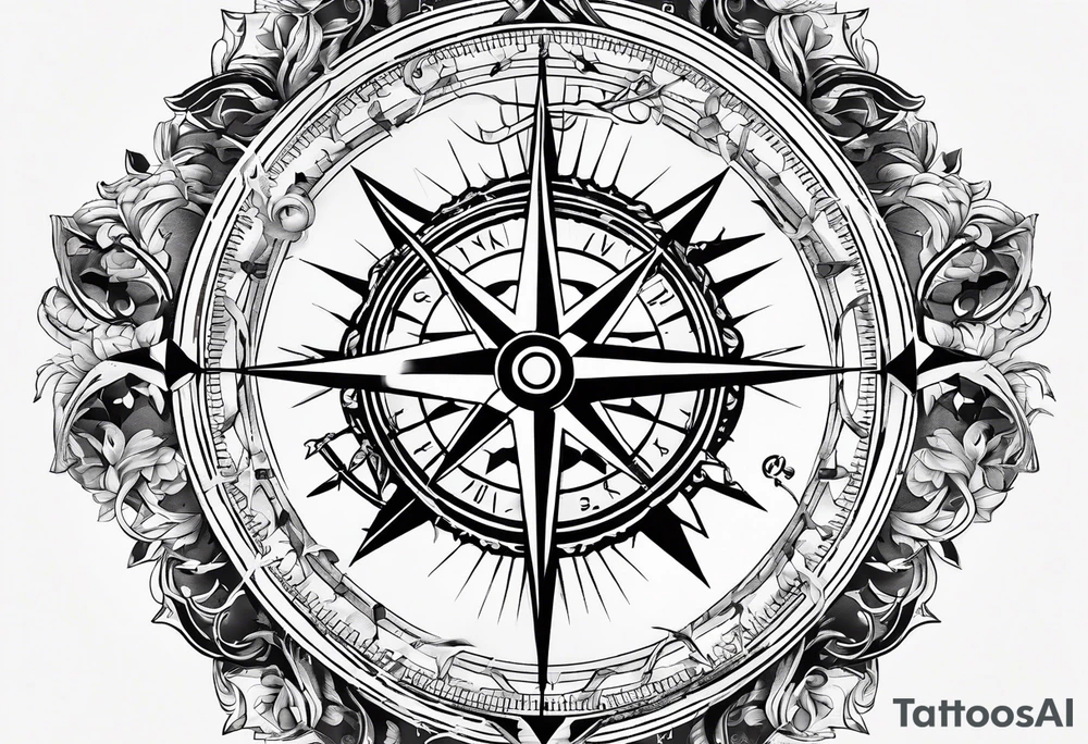 Nautical compass with New Zealand map outline behind it with wrap around rope and southern cross tattoo idea