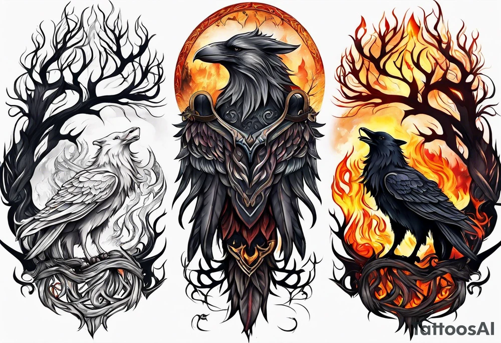 Germanic warrior
  tree of life on fire

wolf and a raven tattoo idea