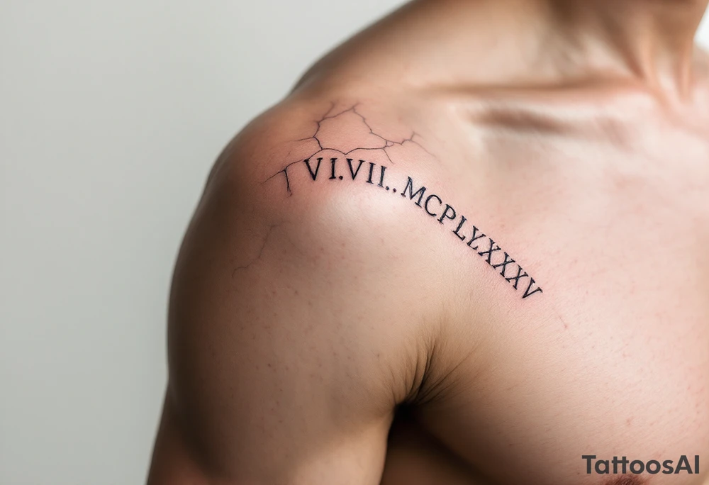 Dark ink VI.VIII.MCMLXXXV arched over the shoulder blade, with cracked marble texture for a timeless look. tattoo idea