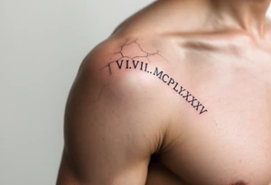 Dark ink VI.VIII.MCMLXXXV arched over the shoulder blade, with cracked marble texture for a timeless look. tattoo idea