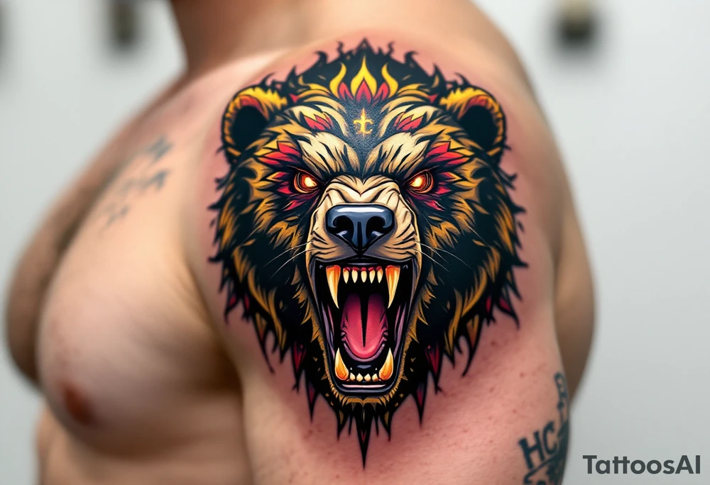 A roaring bear with HC Sparta's logo branded on its shoulder in gold and crimson. tattoo idea