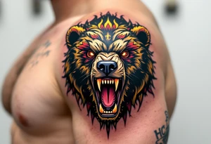 A roaring bear with HC Sparta's logo branded on its shoulder in gold and crimson. tattoo idea