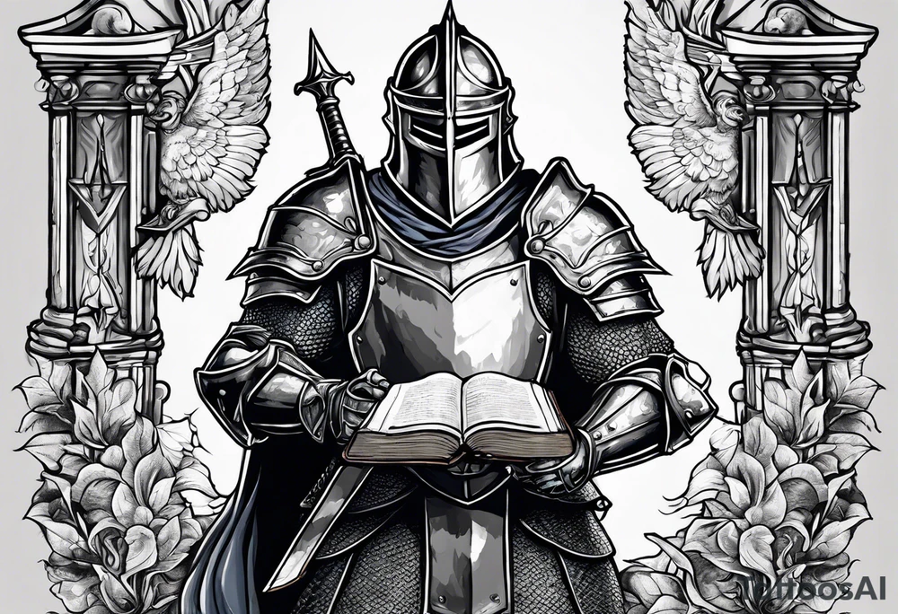 knight holding a bible over his head in combat with both hands tattoo idea