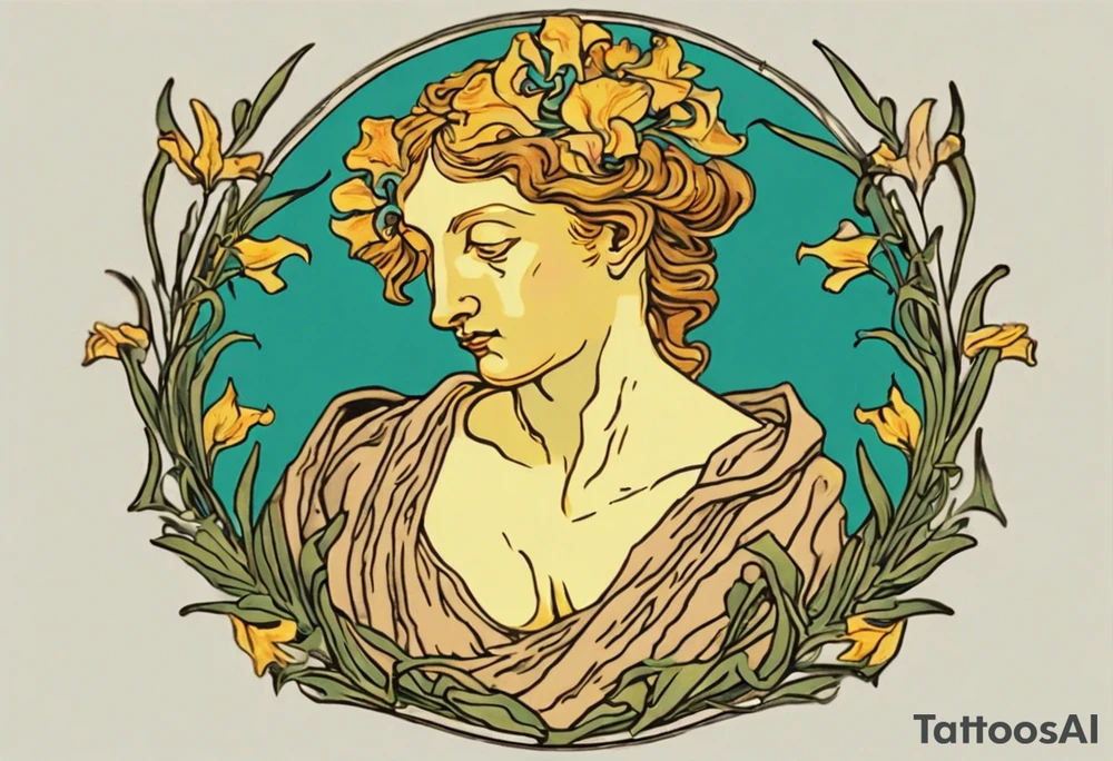Create a colorful Vincent van Gogh Irises tattoo with an ancient Greek female statue in the middle. The tattoo should take the form of a crescent, with vines gracefully intertwining at a central point in the middle of the wreath.  The intended placement is on the upper chest. The overall design should be small in size while maintaining a delicate and artistic aesthetic. Pay attention to the graceful flow of the vines and the placement of the irises to achieve a refined and elegant look. tattoo idea