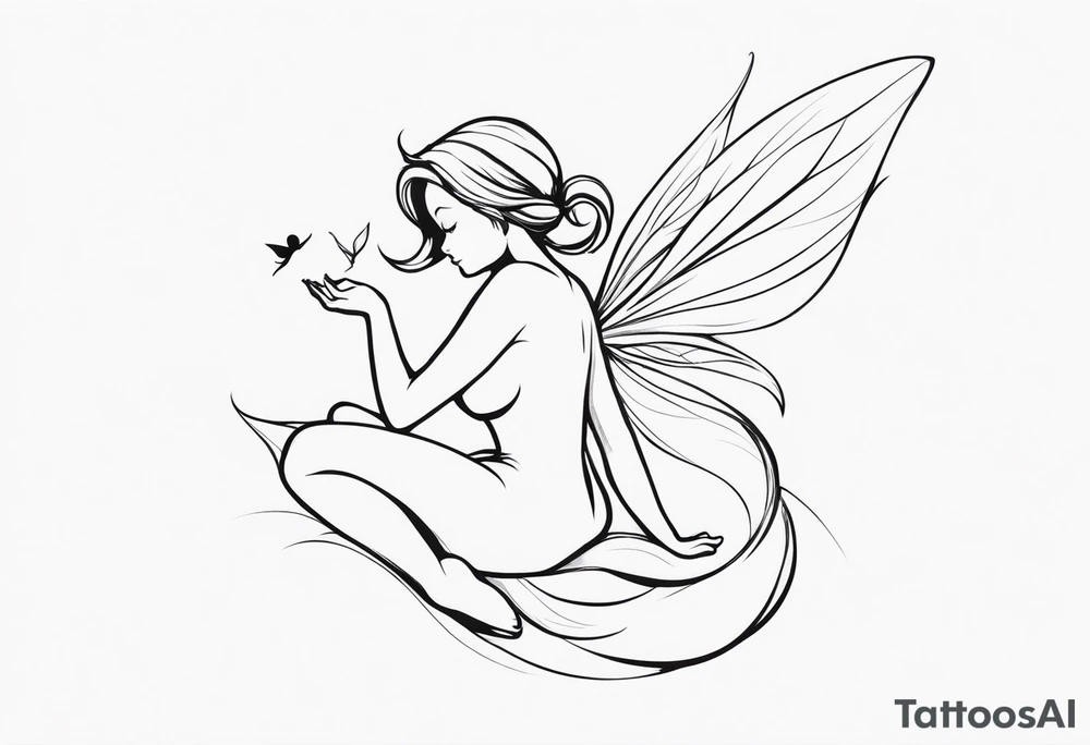 Minimalistic, monochromatic fairy with a tail flying to the left in a fetal position, leaning and looking in the same direction, with visible hands, embodying the 'Fairy Tail' logo aesthetic. tattoo idea