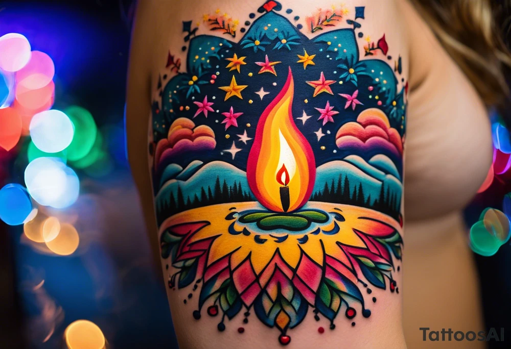 Fireworks burst across the night sky, surrounded by glowing candles and stars, capturing the magic and nostalgia of Colombian December nights. The scene is vibrant with multi-colored lights and an air of celebration. Soft linework mist or halos around the fireworks adds a magical, dreamy quality to the scene. The tattoo reflects joy and tradition, with an emphasis on warmth and festivity. tattoo idea