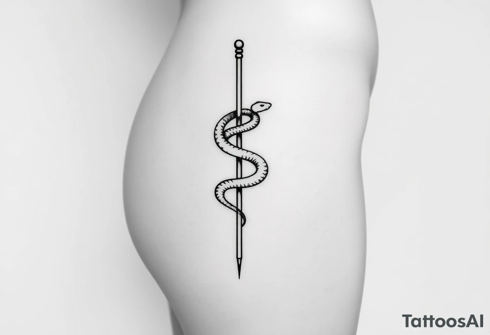 Snake tatto graphic on the hip. Positioned on the hip bone and lower closer to lady parts and leg. Snake symbolically wrapped over the pole (pole dance one). Minimalistic graphic style. Only snake and pole. Positioned horizontally, Pole vertically (not just Pole but a special pole for pole dance, but not to much details). Front view, hip bone is left and lower than belly, only front view. Pole is symbolically outline only like vertical simplified pole without details without beginning and end. Snake is placed diagonally according to the pole, partially wrapped around it and partially positioned on the hip bone from hip bone closer to vagina
No details on Pole. Make it looks just like some Pole without texture, minimalistic, without beginning and end. Please follow instructions very carefully, you are missing them tattoo idea