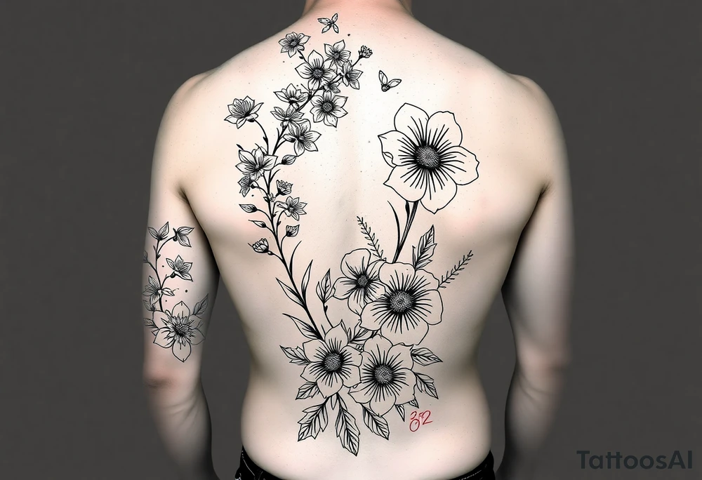 Full sleeve tattoo design of larkspur and hawthorn flowers, highly detailed line art, black ink, elegant botanical style, intertwined composition, no shading, no human mock-up, clean stencil style suitable for tattooing, fit fully within boundaries. LINE ART ONLY, REMOVE HUMAN, NO SKIN tattoo idea