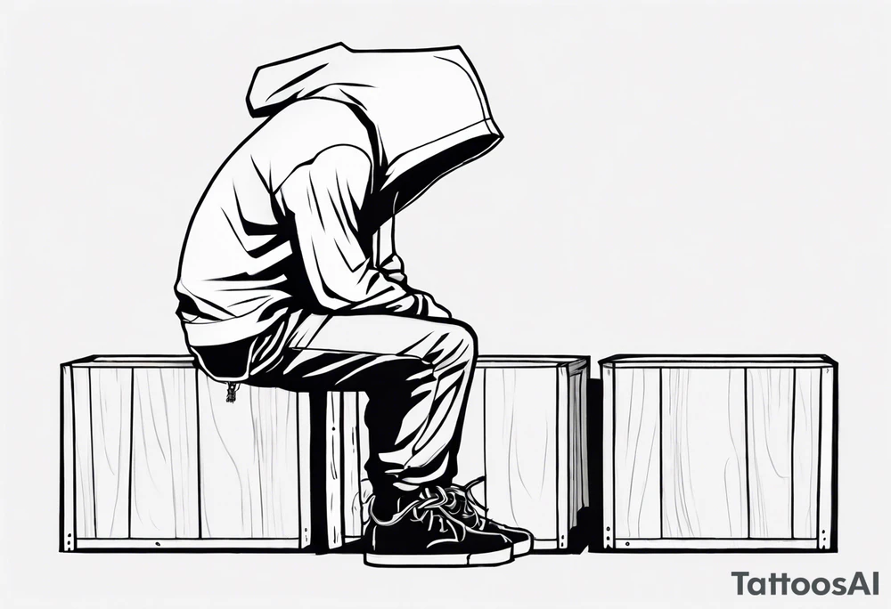 a guy in a hoodie sitting on a wooden box, looking down. Make it feel contemplative, as if you're viewing it from 10 meters away. tattoo idea