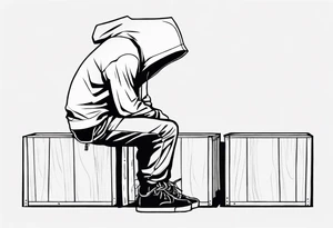 a guy in a hoodie sitting on a wooden box, looking down. Make it feel contemplative, as if you're viewing it from 10 meters away. tattoo idea