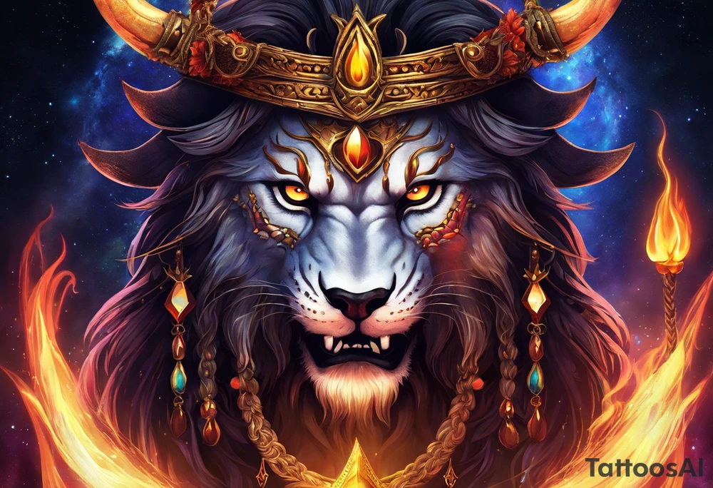 A majestic demon king with a skull-styled face and devilish features is depicted in this image. The king's deep-set glowing galaxy-styled large eyes give off an aura of power and mystery. The king's head is acting as dreamcatcher and has braids styled like predator, with 2-3 ending with flame-styled feathers. The king's face is intricately dotted in narsimha/ rudra symbols. The head has a crown shaped blue and orangish flames with intricate and prominent koru maori symbols in the shape of trishul/ trident. The image is filled with vibrant colors, with deep blue, purple, and violet, with bright orange and yellow. This face bust (only face) is atop of a torii gate which is in a brush stroke style, somewhat visible. The king looks regal and powerful. tattoo idea