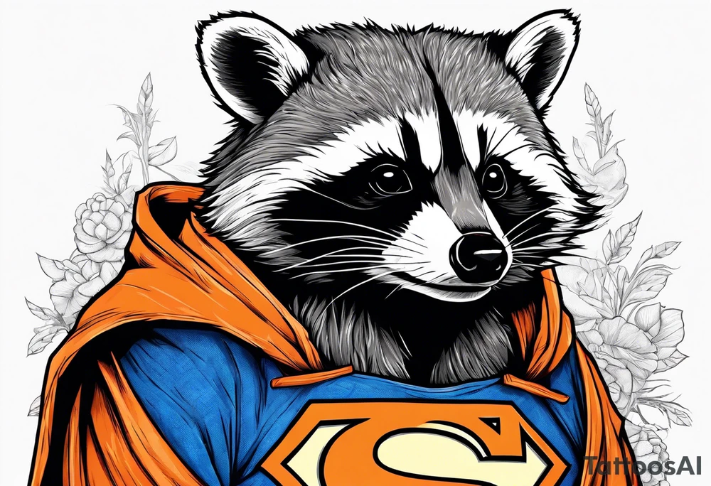 Raccoon wearing an orange Superman hoodie tattoo idea