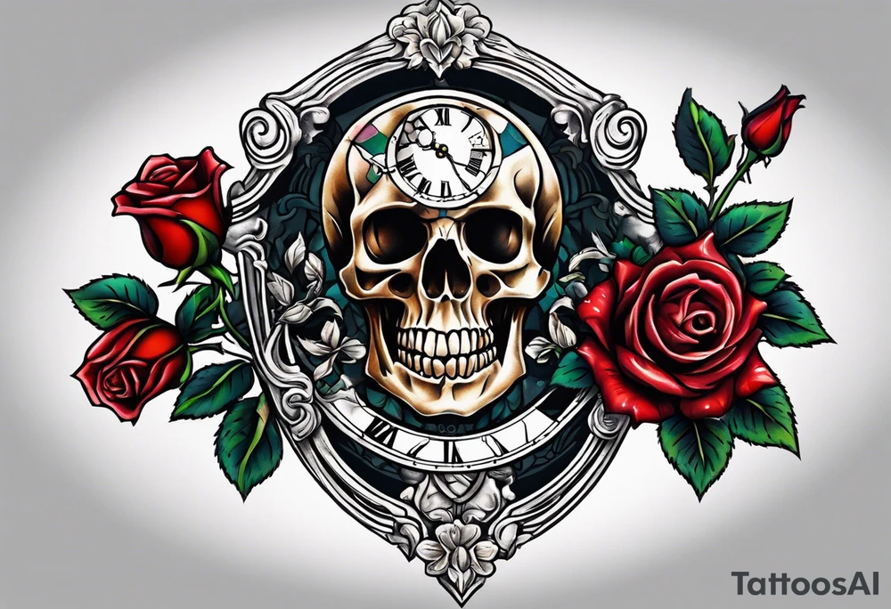 Skeleton with roses with clock tattoo tattoo idea